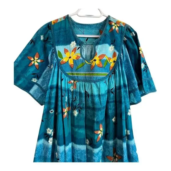 Vintage Boho Floral Caftan Dress Multicolor Cotton Short Sleeve XL w/Pockets - Picture 3 of 11